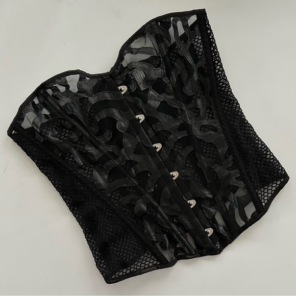 Mesh Corset Top With Leather Look Floral Applique, Black L NEW - Picture 4 of 9